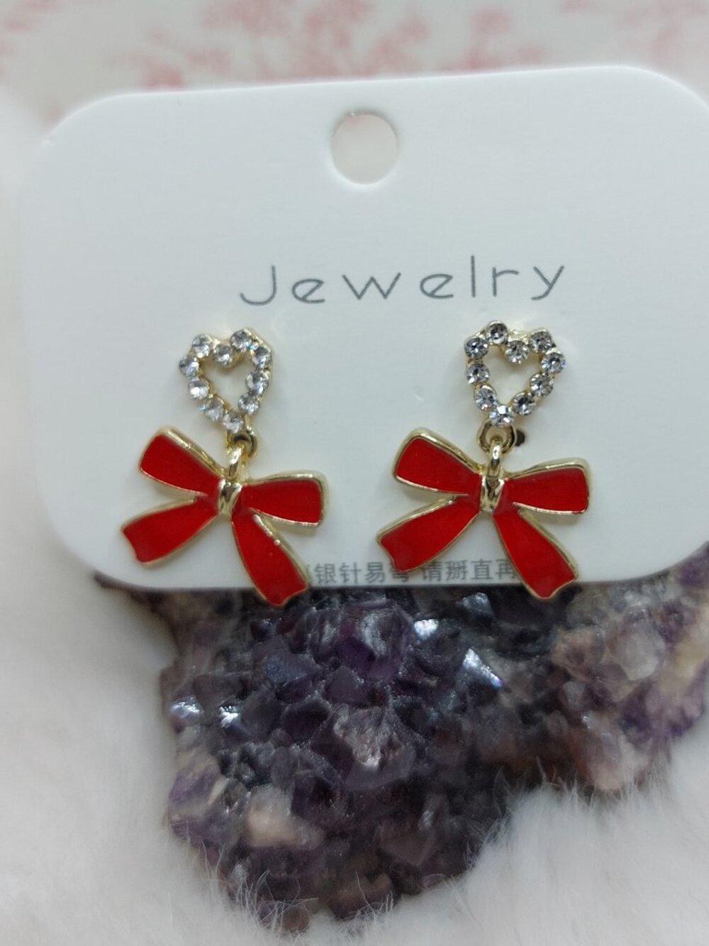 S925 Stud Gold-Toned Red Enamel Bow Dangle Stud Earrings Rhinestone Hear